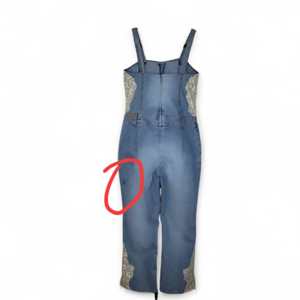 VTG 90s Y2K Fubu Jumpsuit Womens M Chambray Denim Wide Leg Lace Baggy Stretch - Picture 3 of 12